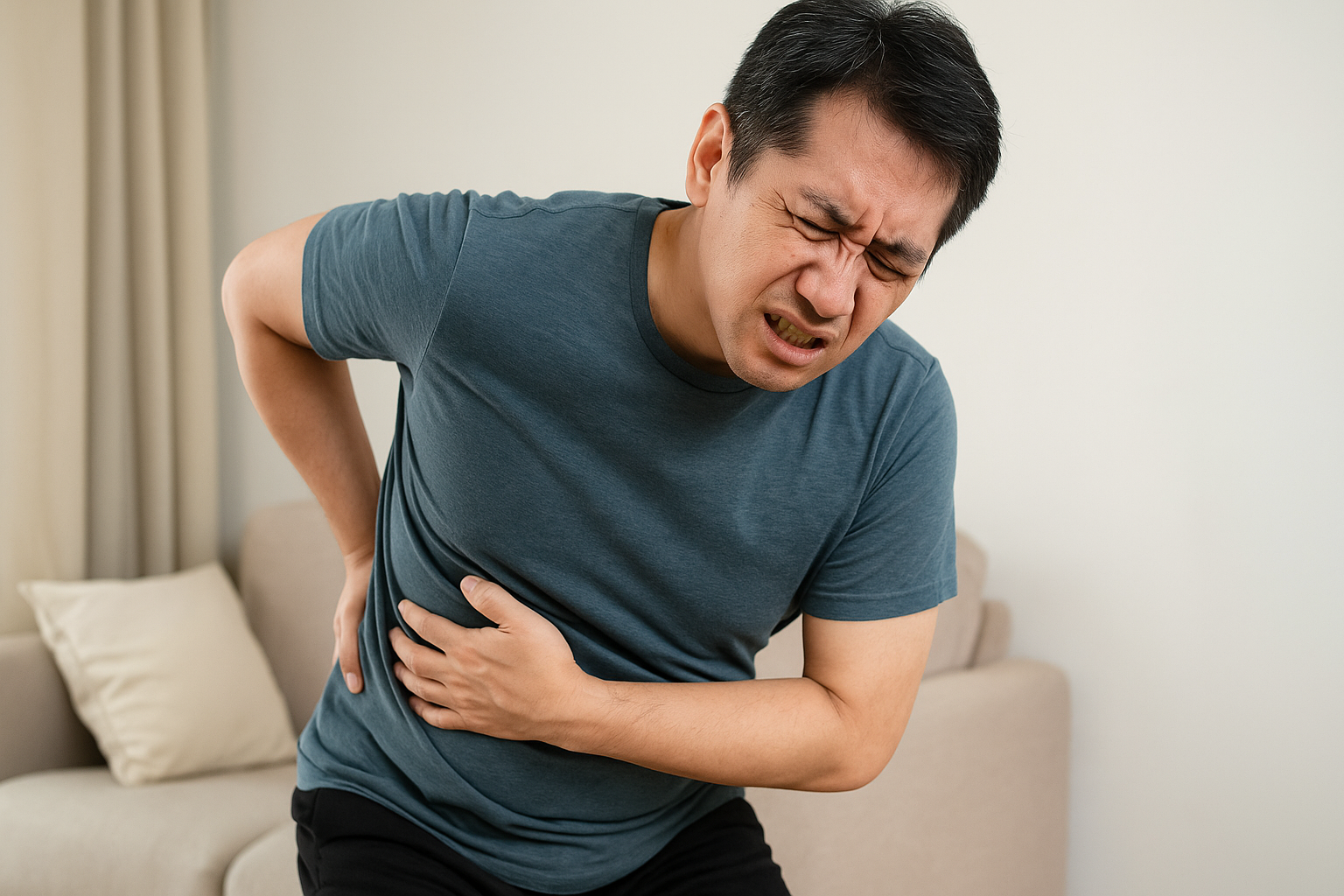 男人因為椎間盤突出而感到痛苦
