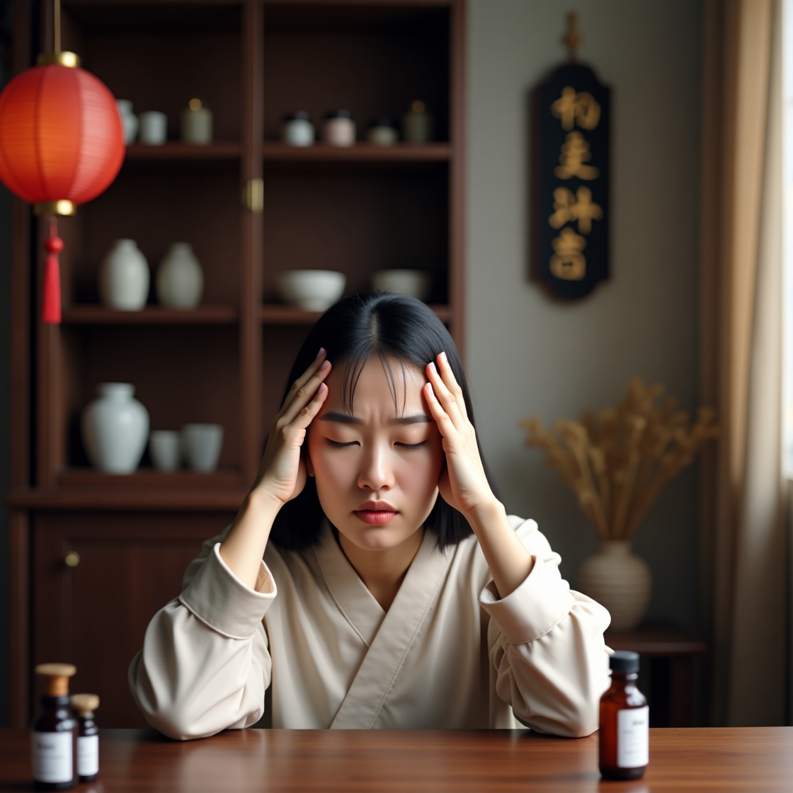 一個女子坐在中醫診所內，因為頭痛而困擾