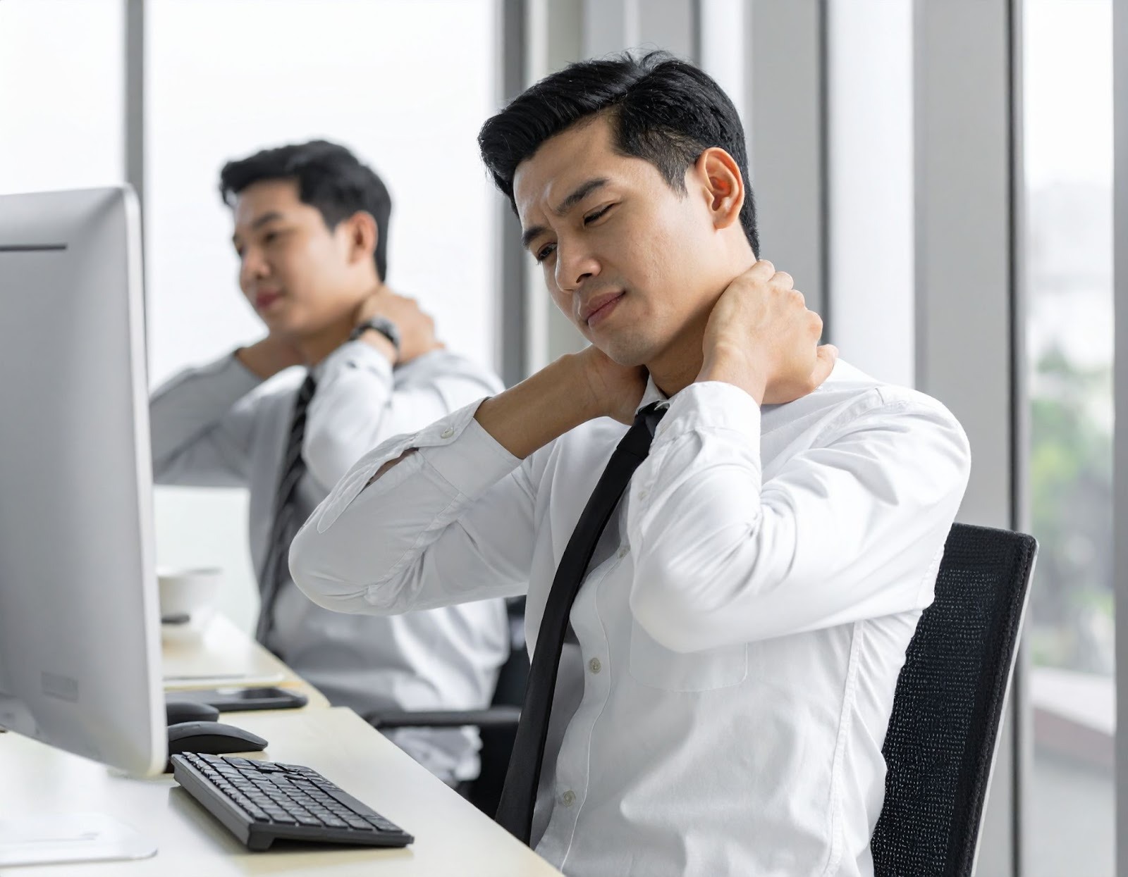 上班族在電腦前長時間低頭，雙手揉捏脖子露出僵硬不適表情，背景為辦公室環境，呈現頸椎骨刺早期常見的酸痛誤判情況。