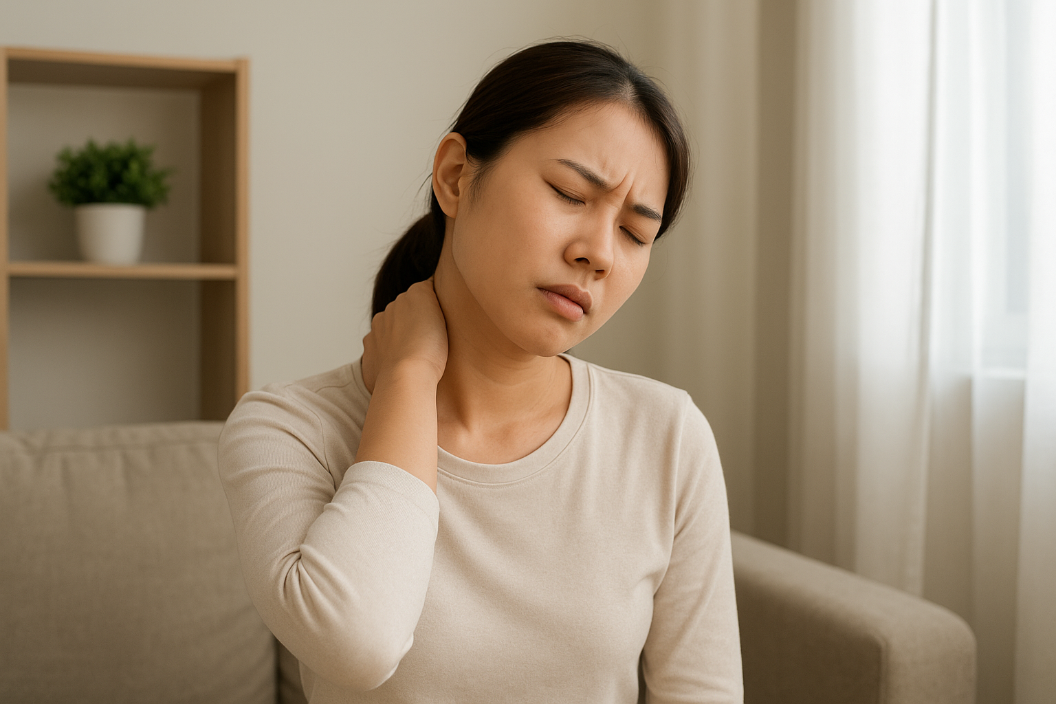 女子因頸椎問題而感到不適。