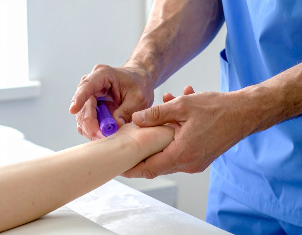 物理治療師替患者進行手部伸展測試,檢查神經壓迫位置
