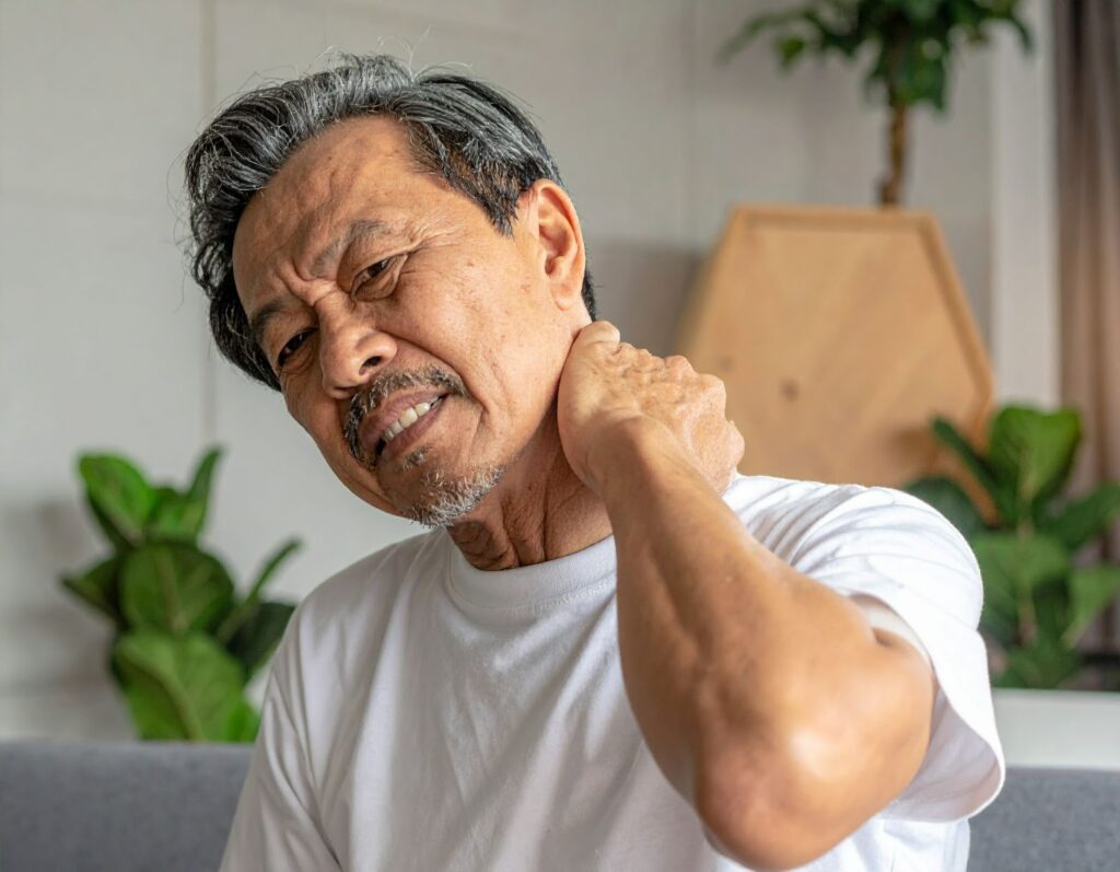 中年男子在家練習簡單頸部放鬆運動，緩解手臂麻木感