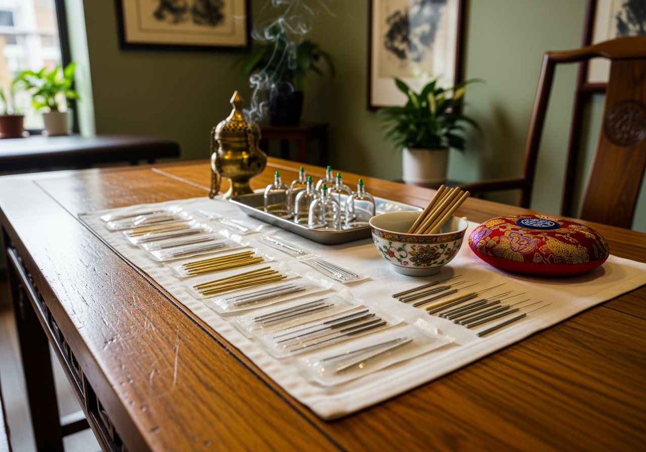 中醫診所的木頭桌子上放了針灸用具