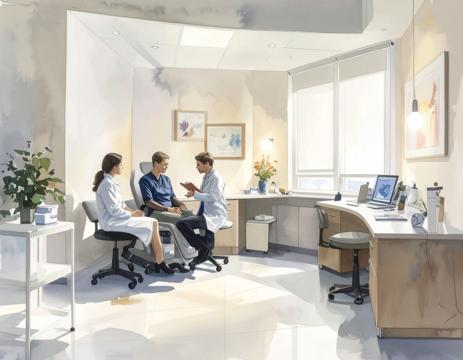 診間光線柔和，醫師與患者溝通療程選擇，氛圍專業又安心