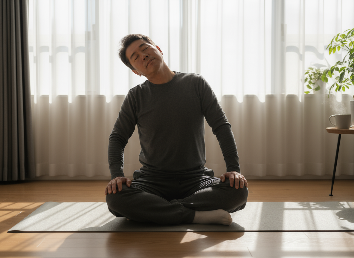 中年人晨間伸展頸部與背部，窗邊陽光灑落