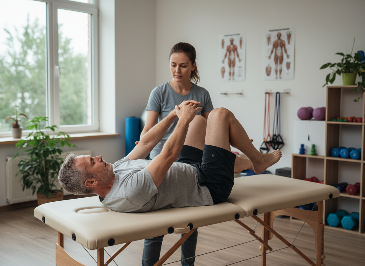 中年男子在物理治療室進行背部伸展運動，氣氛安靜專注