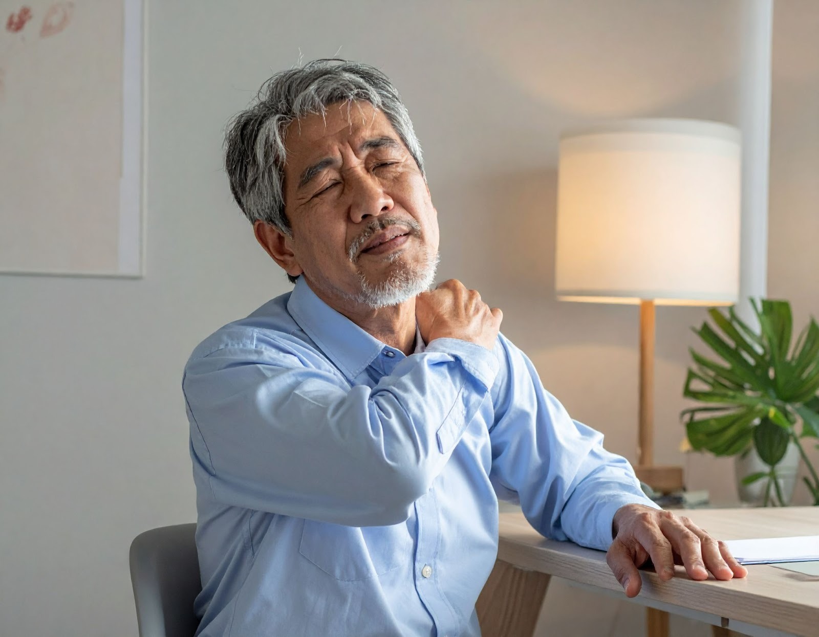 中年男子坐在診間揉著脖子與肩膀，露出輕微疼痛表情，象徵頸椎與手麻不適
