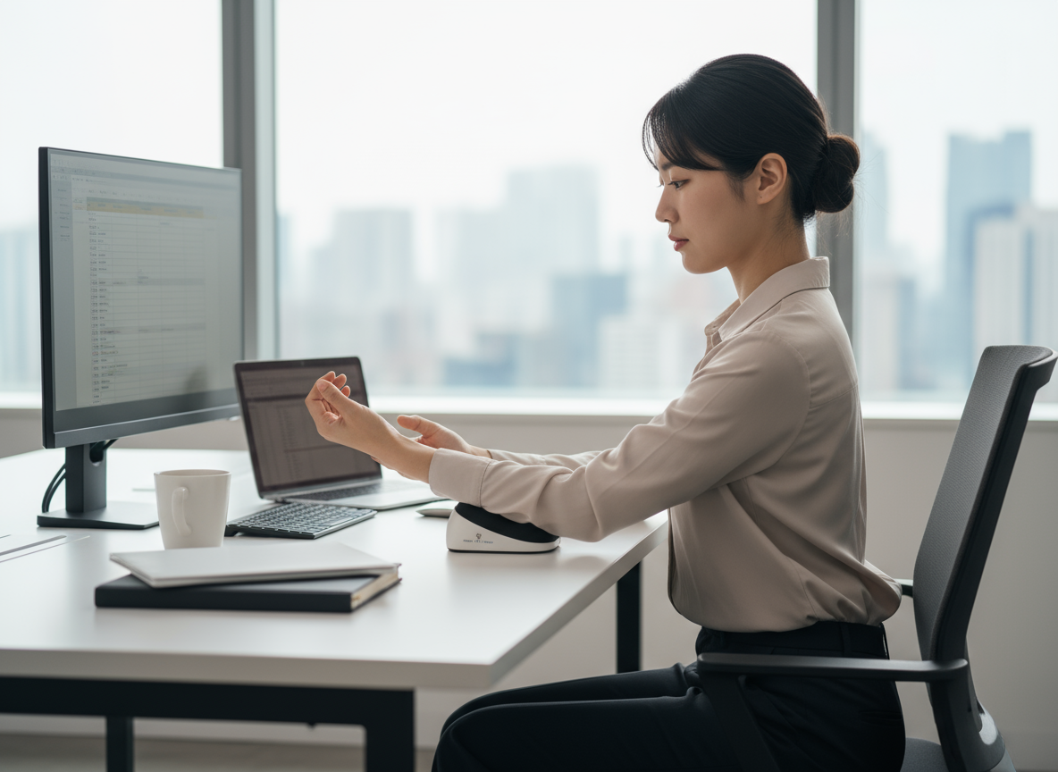 亞洲上班族女性坐在桌前轉動手腕與手臂，神情專注