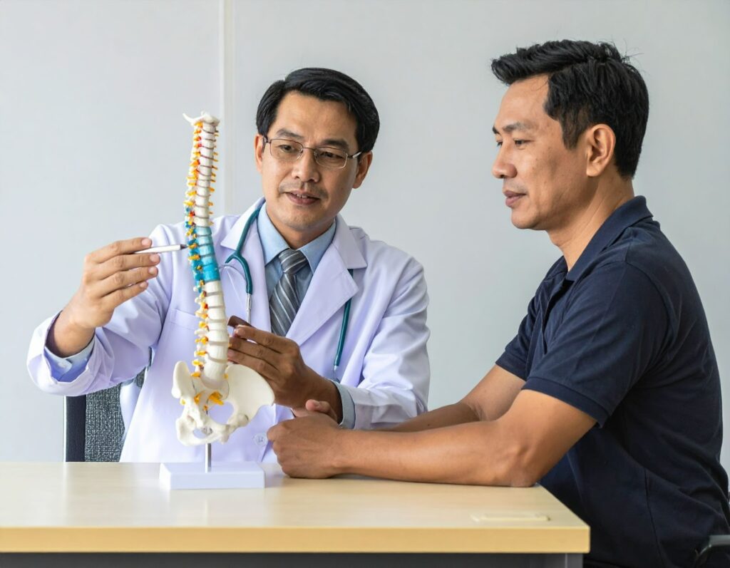 醫師用模型解說頸椎構造與骨刺位置,患者專心聆聽