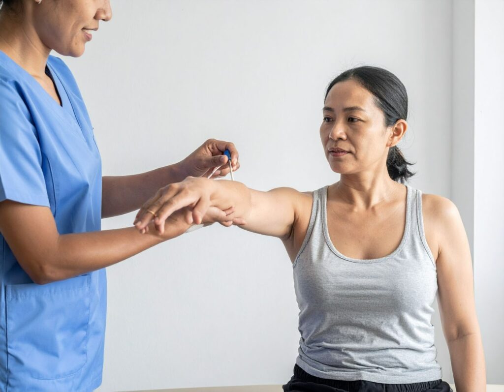 物理治療師替患者進行手部伸展測試,檢查神經壓迫位置