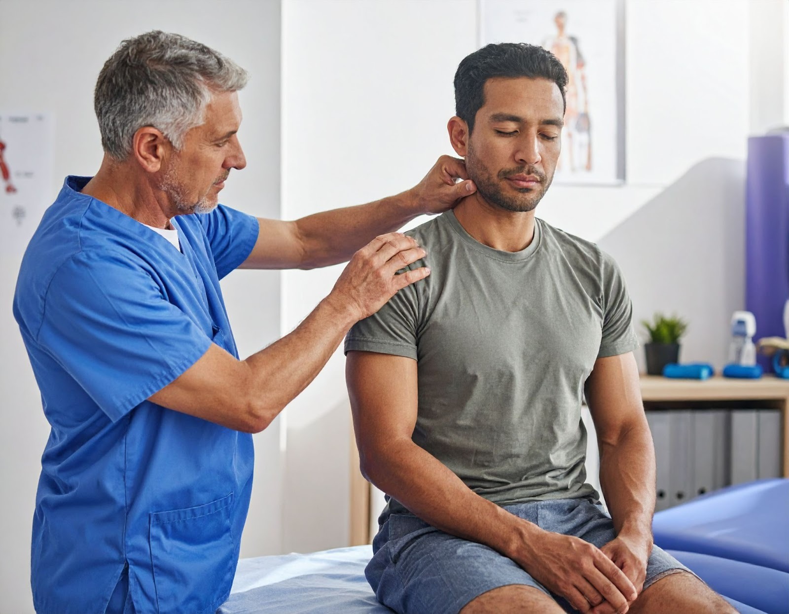 復健診間中，治療師幫患者調整頸部姿勢，改善僵硬問題