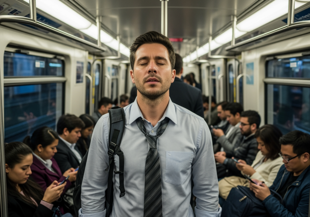 早晨通勤途中，一名上班族站在捷運車廂內短暫閉眼調整呼吸