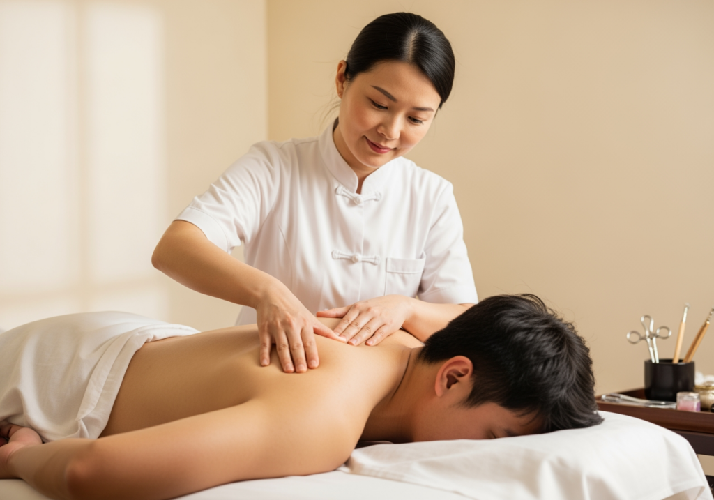 患者躺在治療床上，中醫師用手觸診確認肌肉硬塊與疼痛來源