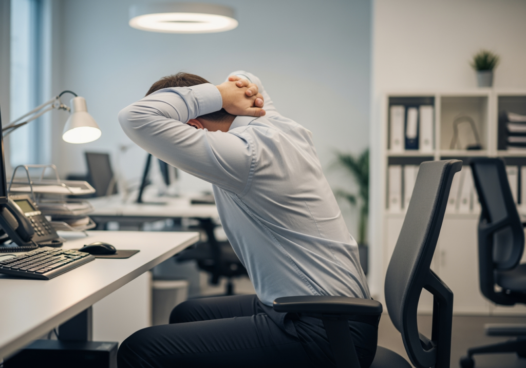久坐上班族在公司椅子上伸展腰部，表情因反覆酸痛而感到疲憊