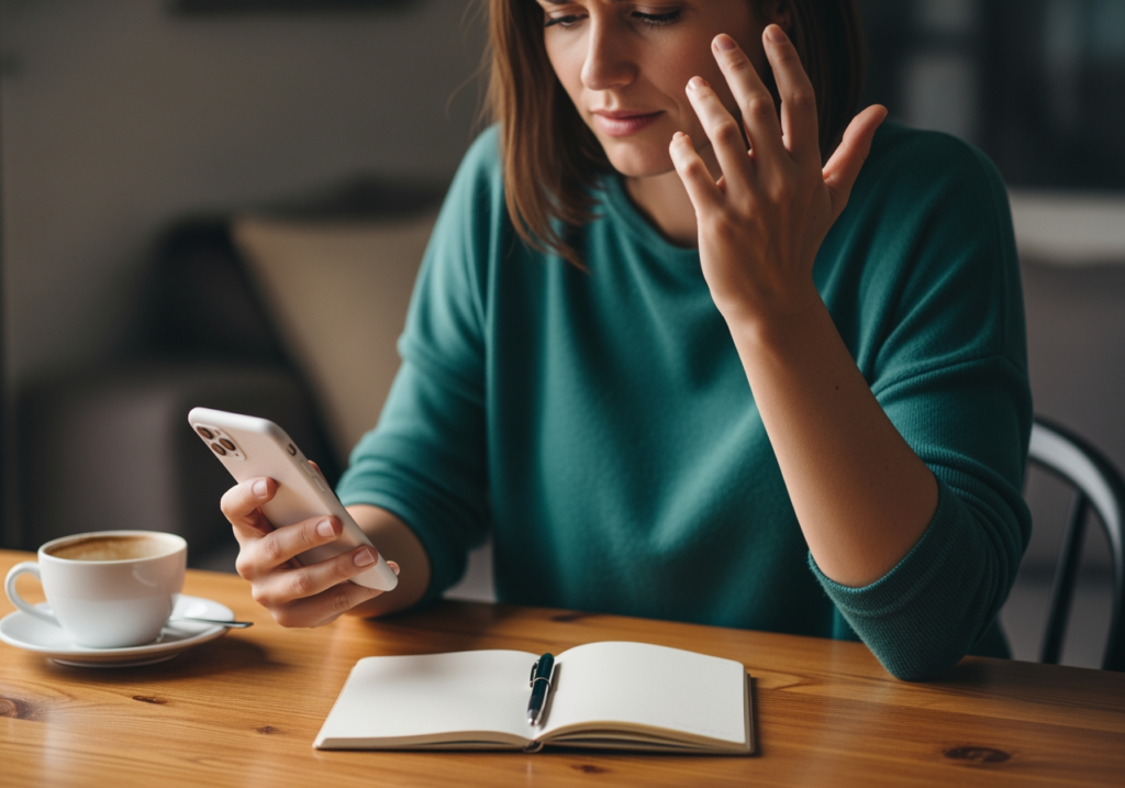 女子在滑手機時突然感到手指麻木，停下動作搓揉手掌