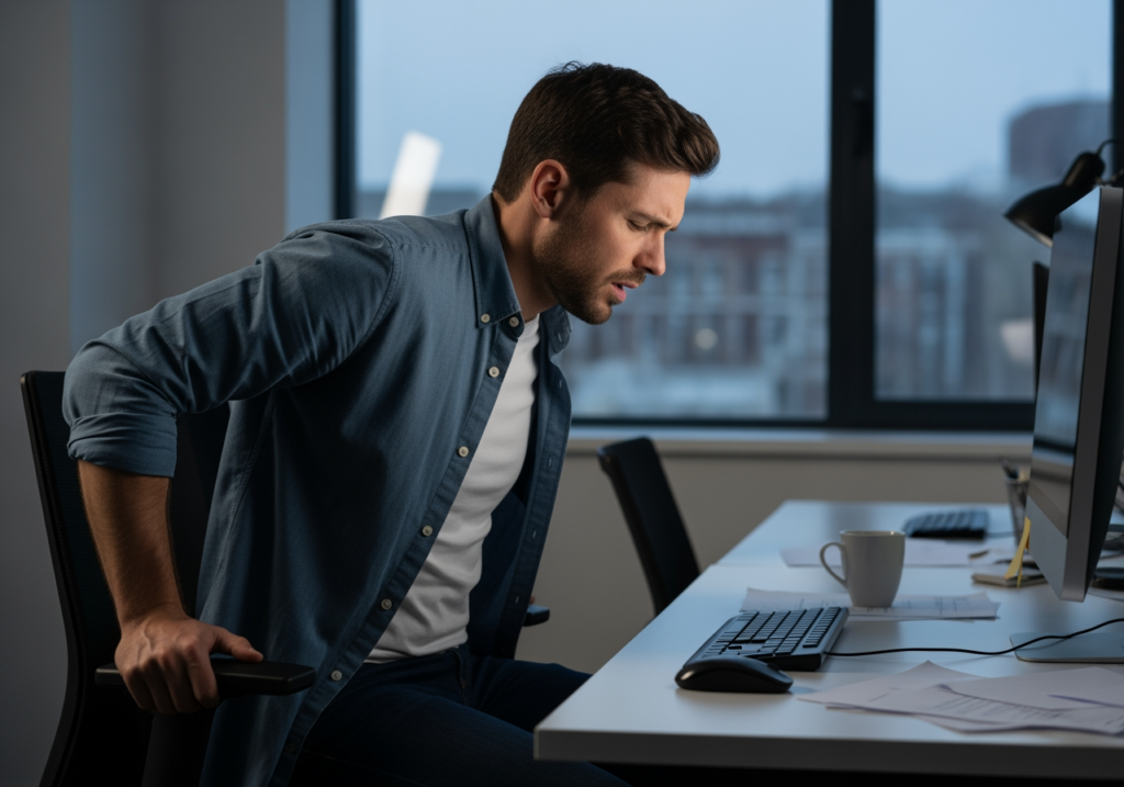 男子在電腦前久坐後站起，因頸椎受壓頭暈而必須抓住把手保持平衡