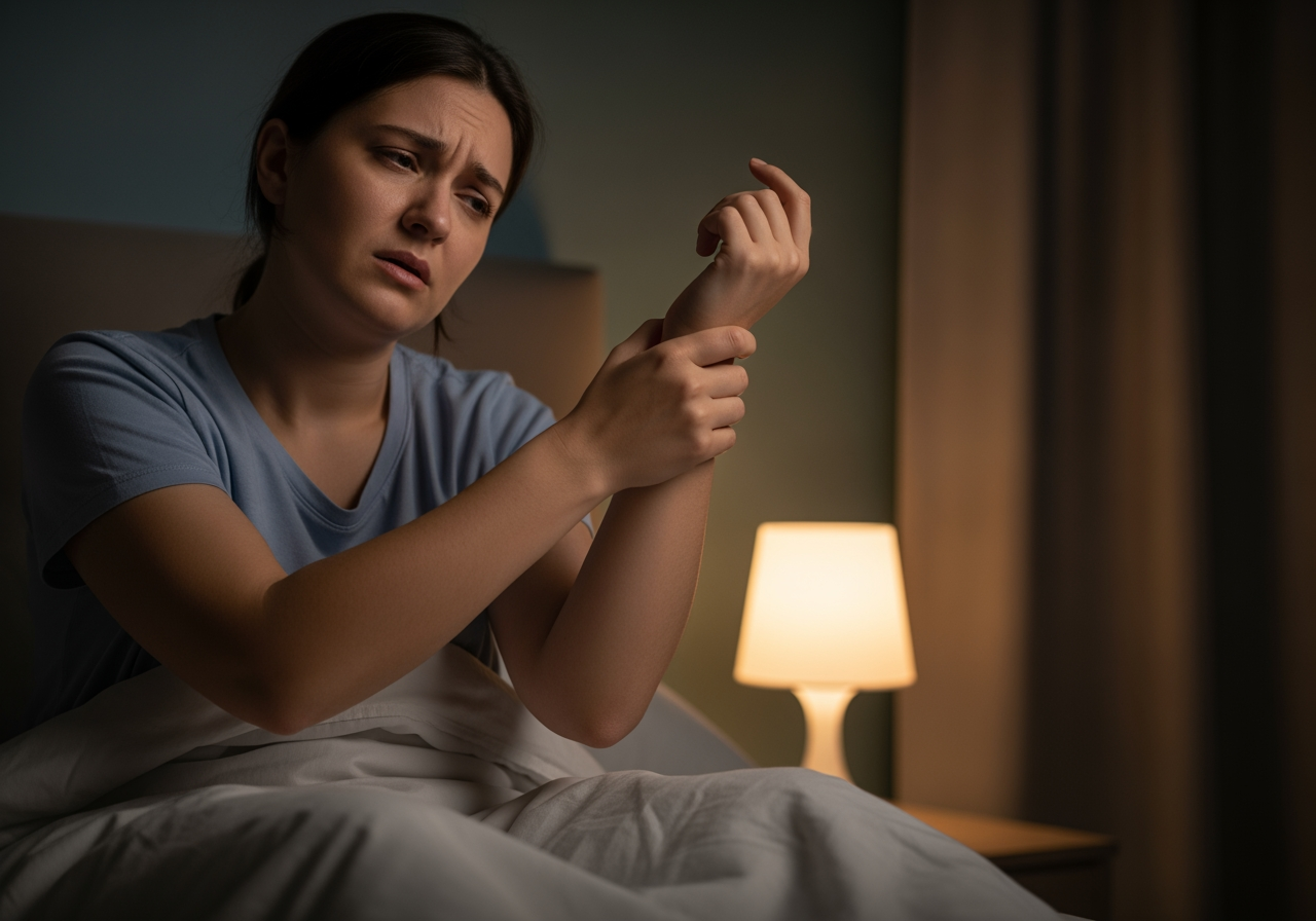 患者夜晚睡覺時因手麻醒來，半坐在床上活動手臂