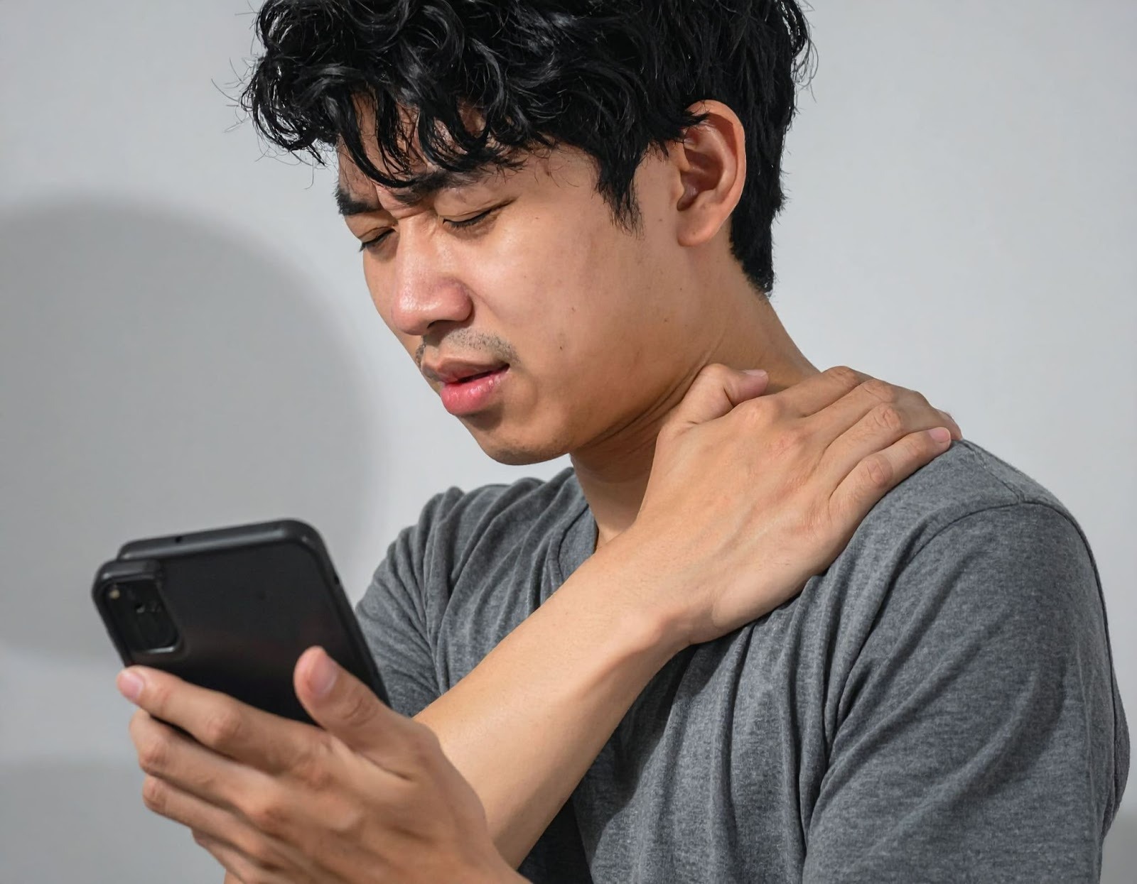低頭滑手機的年輕人肩頸痠痛