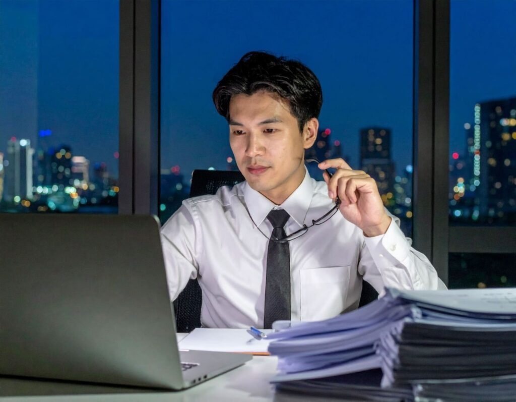 生活畫面中久坐熬夜的上班族，桌上咖啡與文件堆疊