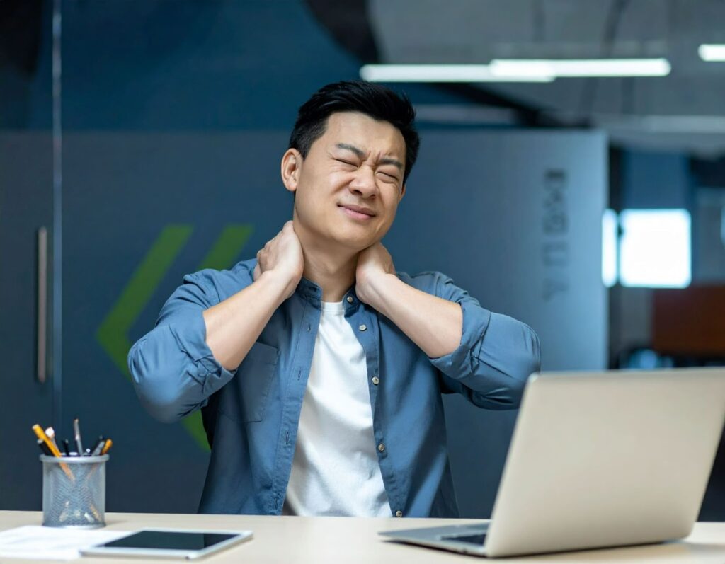 一名上班族坐在書桌前雙手按壓肩頸,表情不適