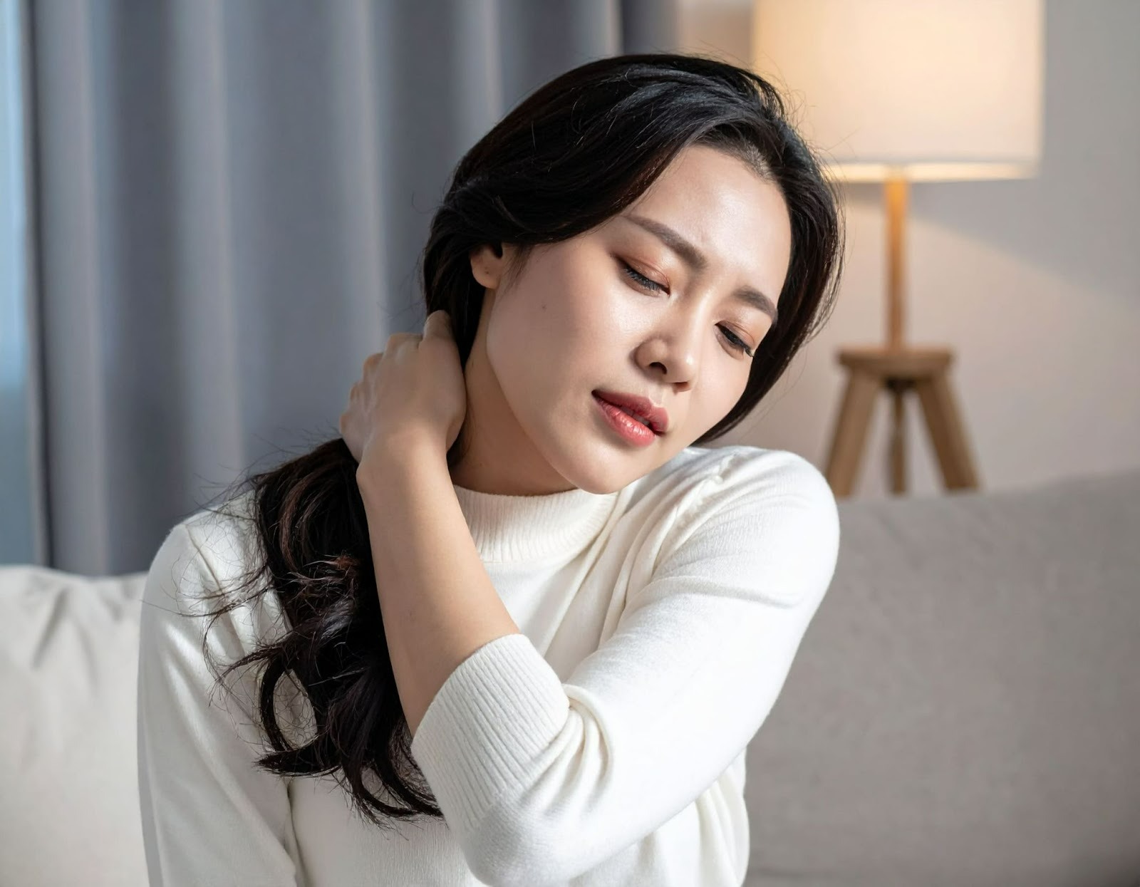 女性坐在沙發上輕揉脖子，表情不適