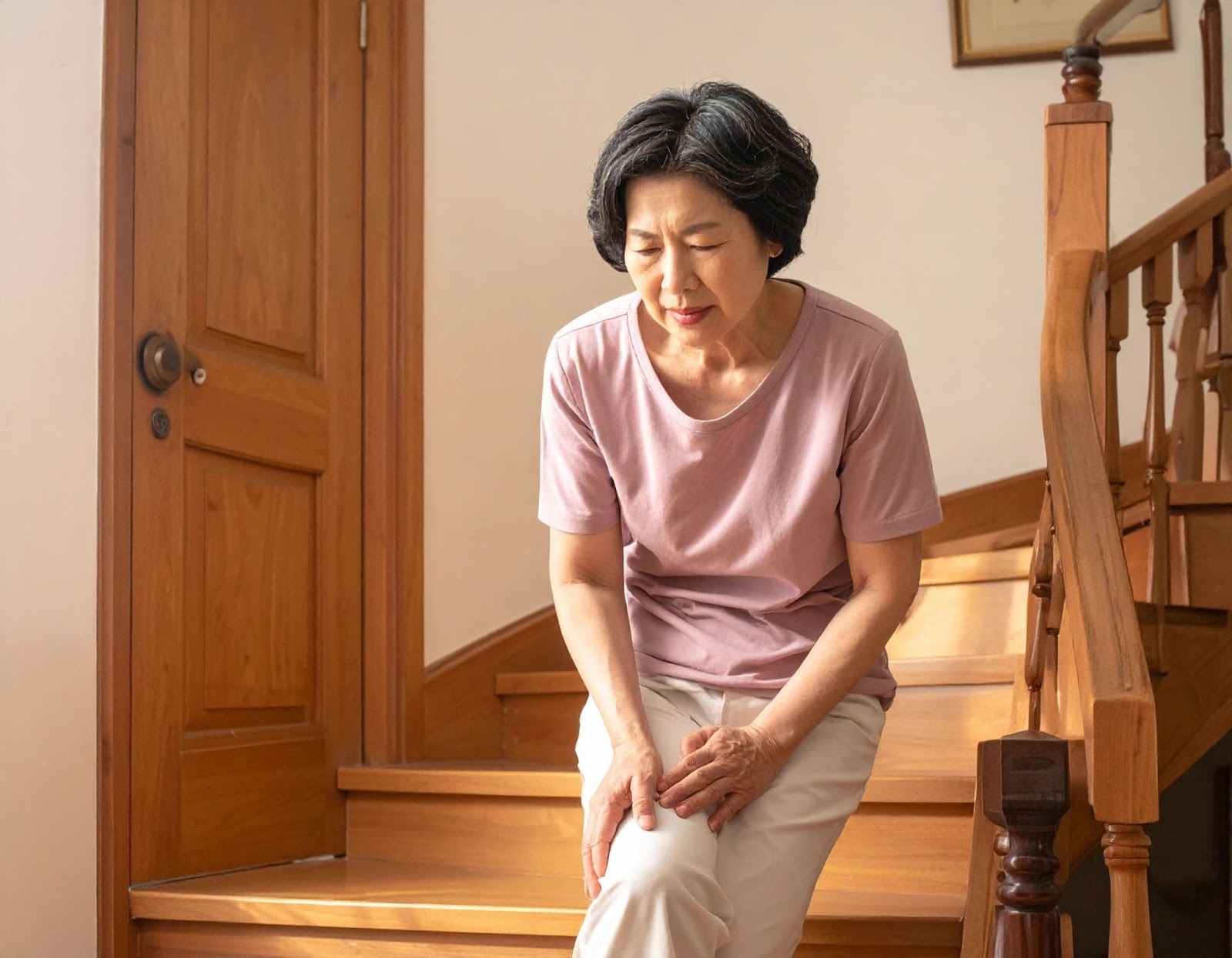 中年女性（亞洲人）上下樓梯時膝蓋疼痛