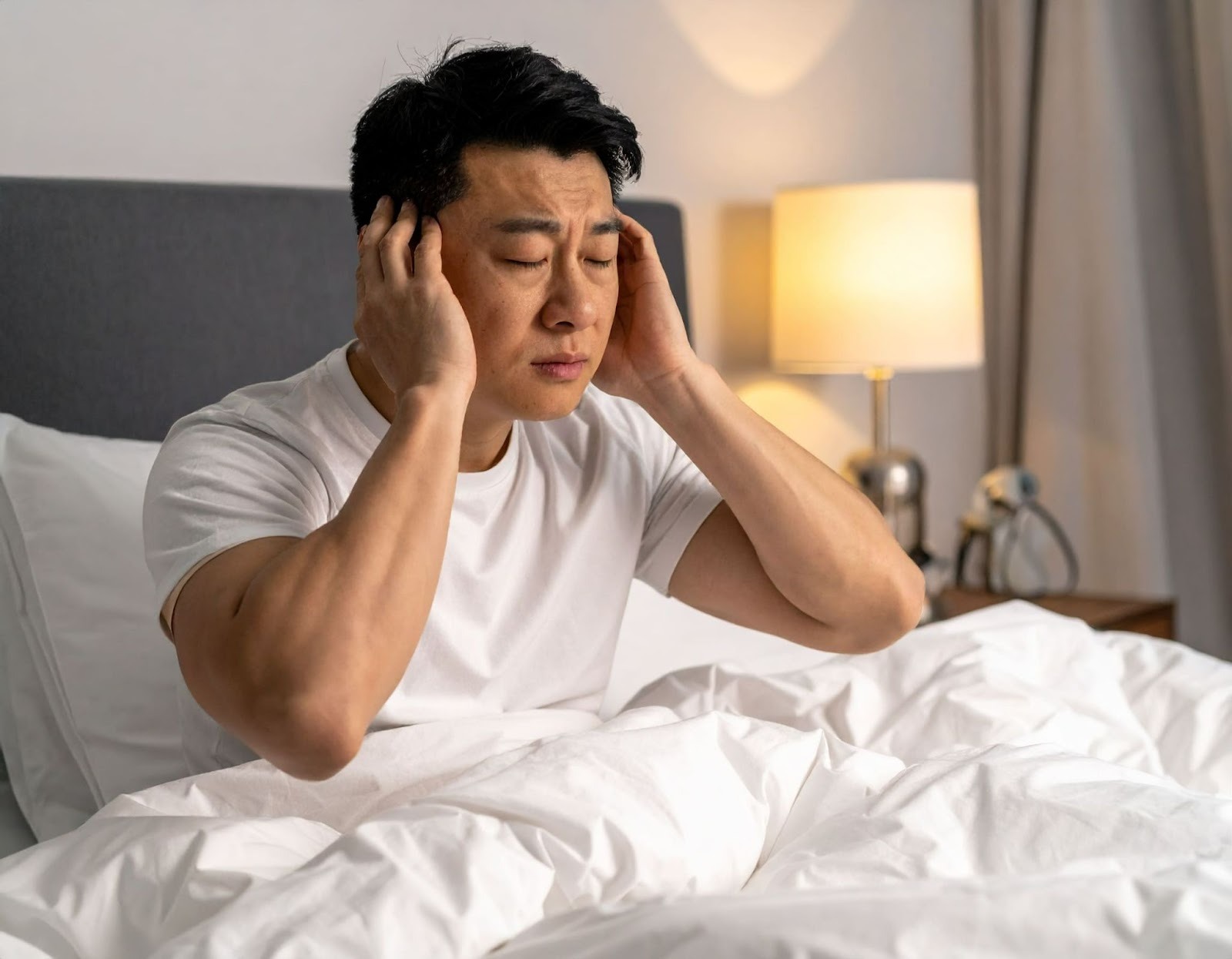 男子（亞洲人）夜晚躺床因耳鳴難以入睡