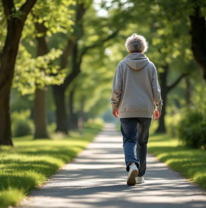 在公園小徑上輕鬆走路的人保持放鬆姿勢以促進小針刀持續改善